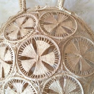 Raffia bag tan color circular purse Maltese cross